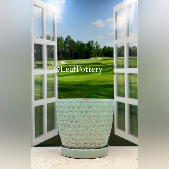 Atasi Aqua/Pink Ceramic Planter Pot with Saucer Attached - Picture 5 of 9